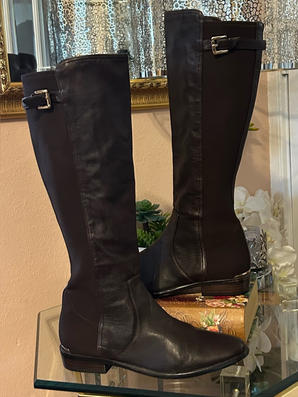 Coach Lilac Dark Brown Leather Riding Boots Elastic Panels Size 10